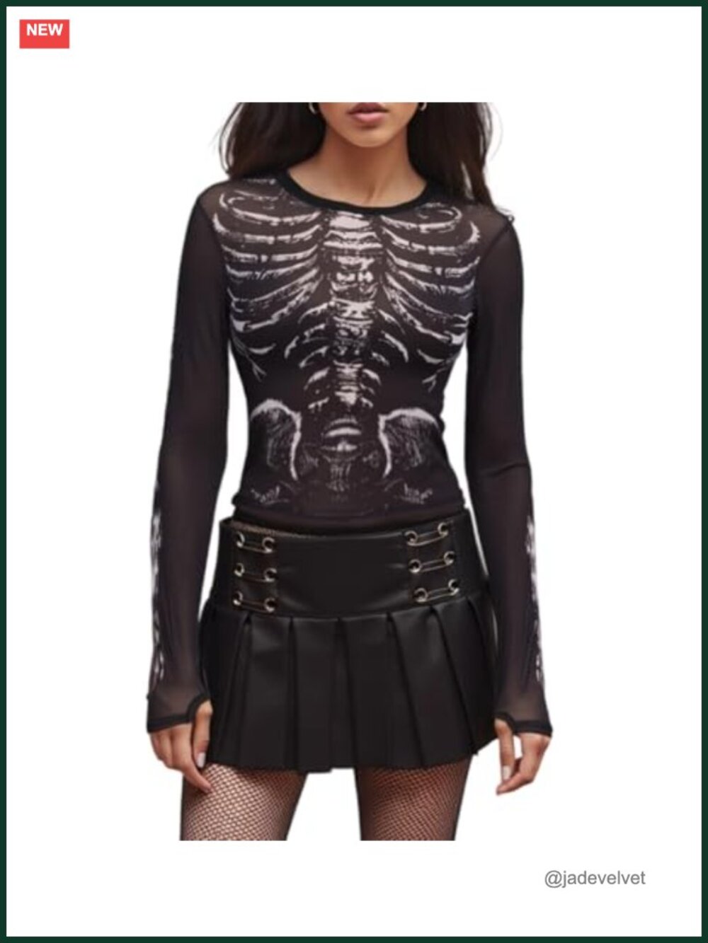 Women Sheer Mesh Skeleton Print Long Sleeve Crop Top Gothic Party Tee